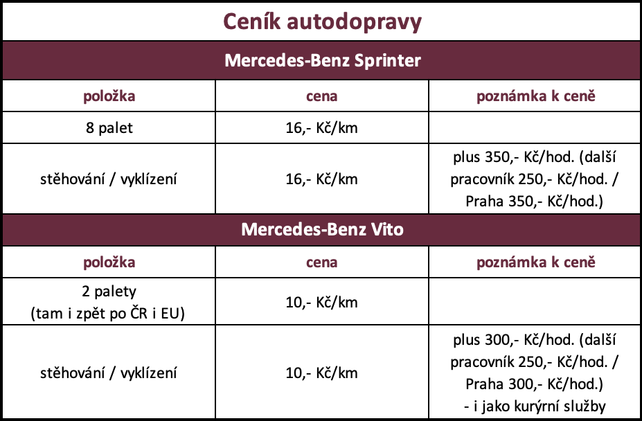 ceník autodoprava